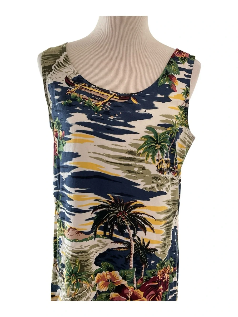 Vintage Hilo Hattie Hawaiian Dress MIDI Tank Scenic Outrigger Floral Blue M - Picture 2 of 6